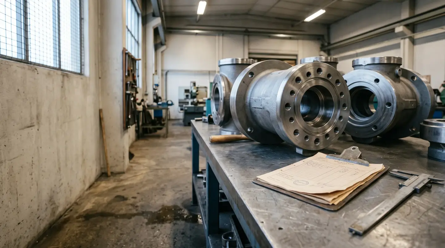 Machined steel castings on a workshop bench beside a material certificate and callipers