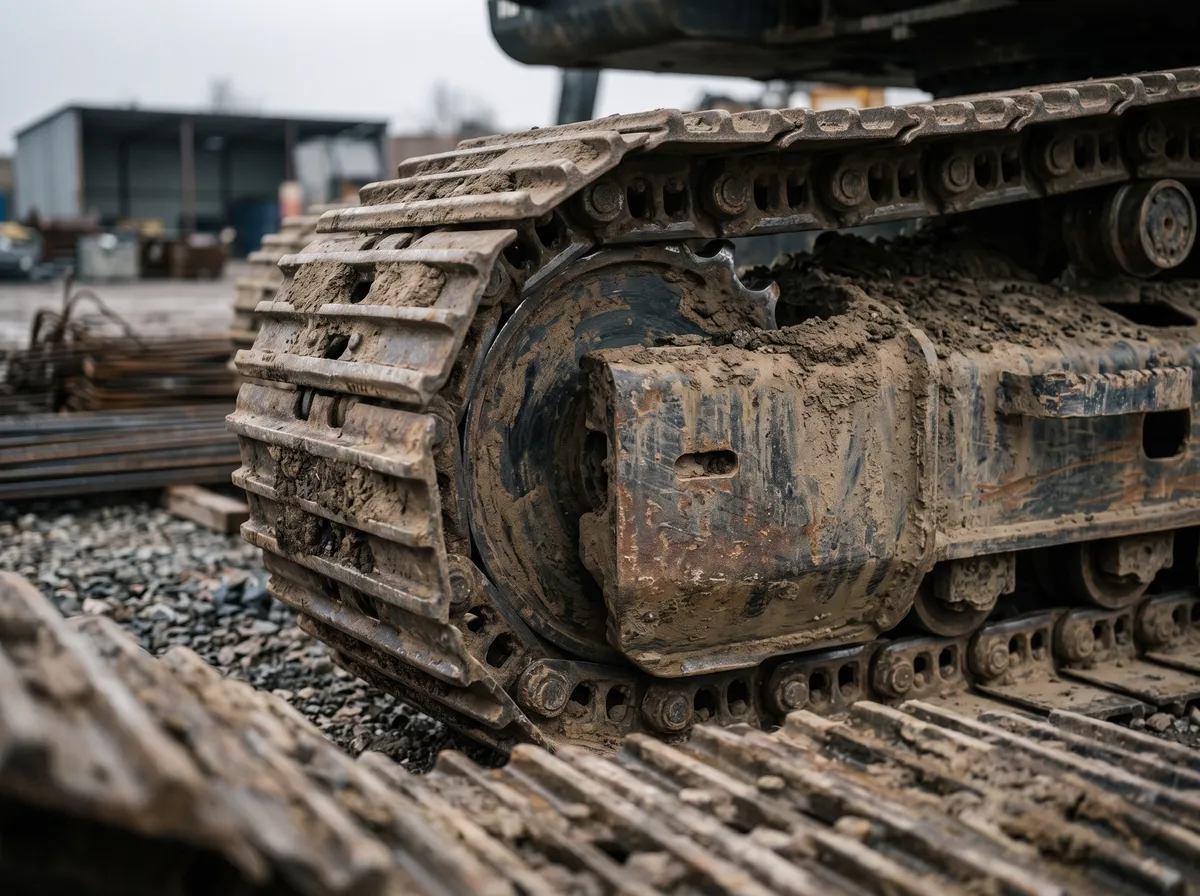 Close-up of a muddy tracked undercarriage on a crawler machine