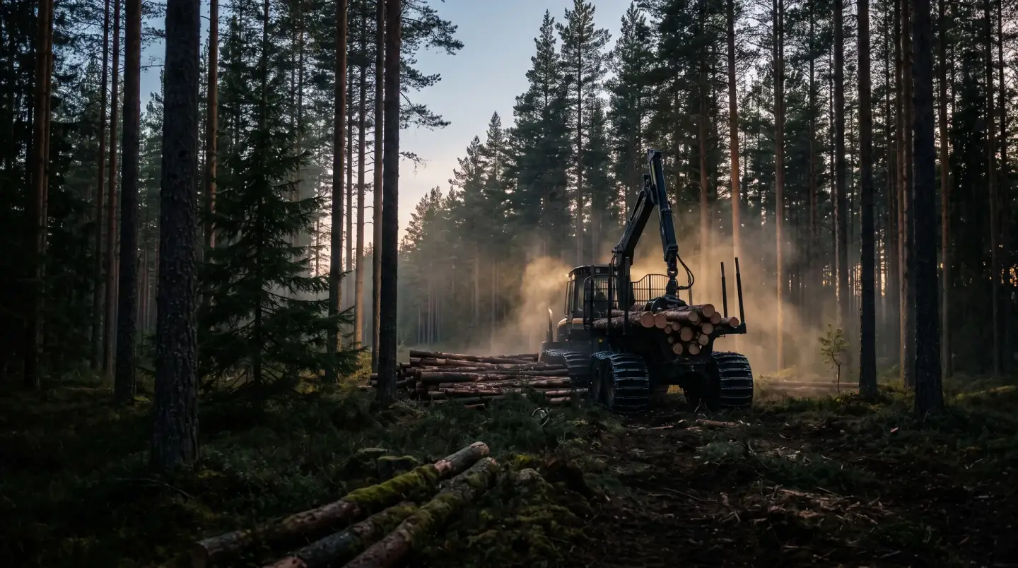 Forwarder loading timber in a pine forest at dusk