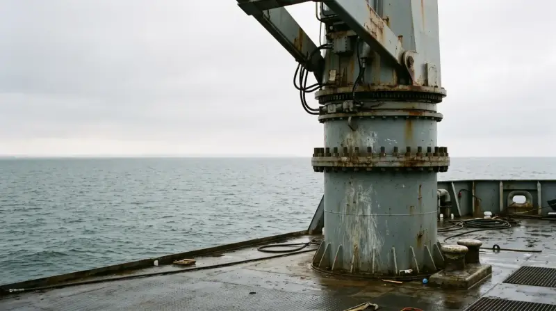 Deck crane with a bolted ring flange at sea