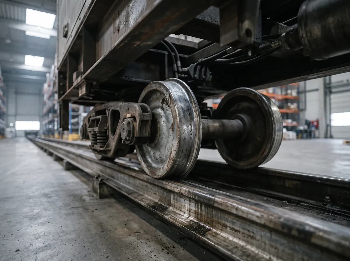 Närbild på löphjul mot räls under en transportvagn i en industrihall