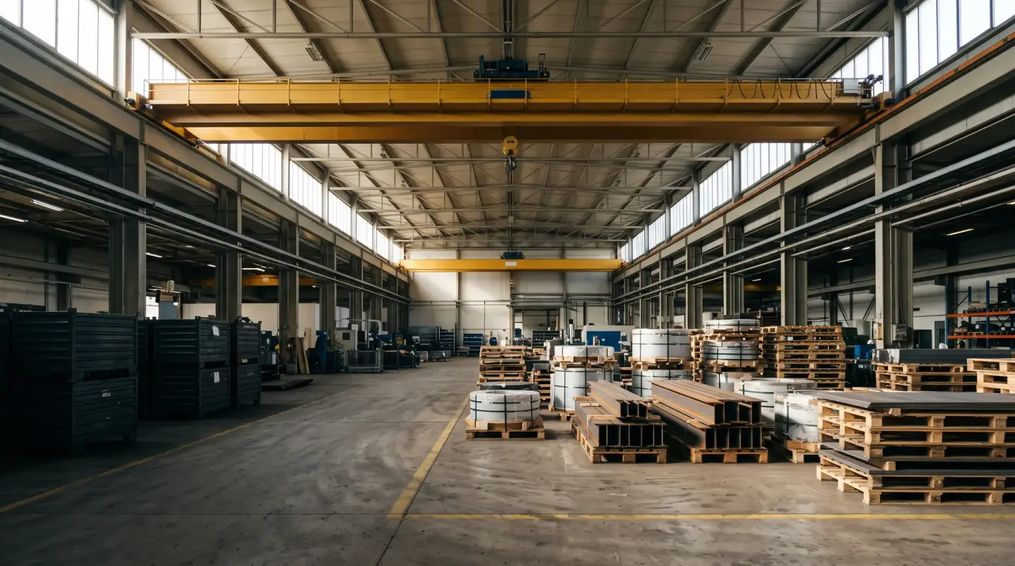 Industrihall med travers över lastade pallar, stålbalkar och plåtcoils