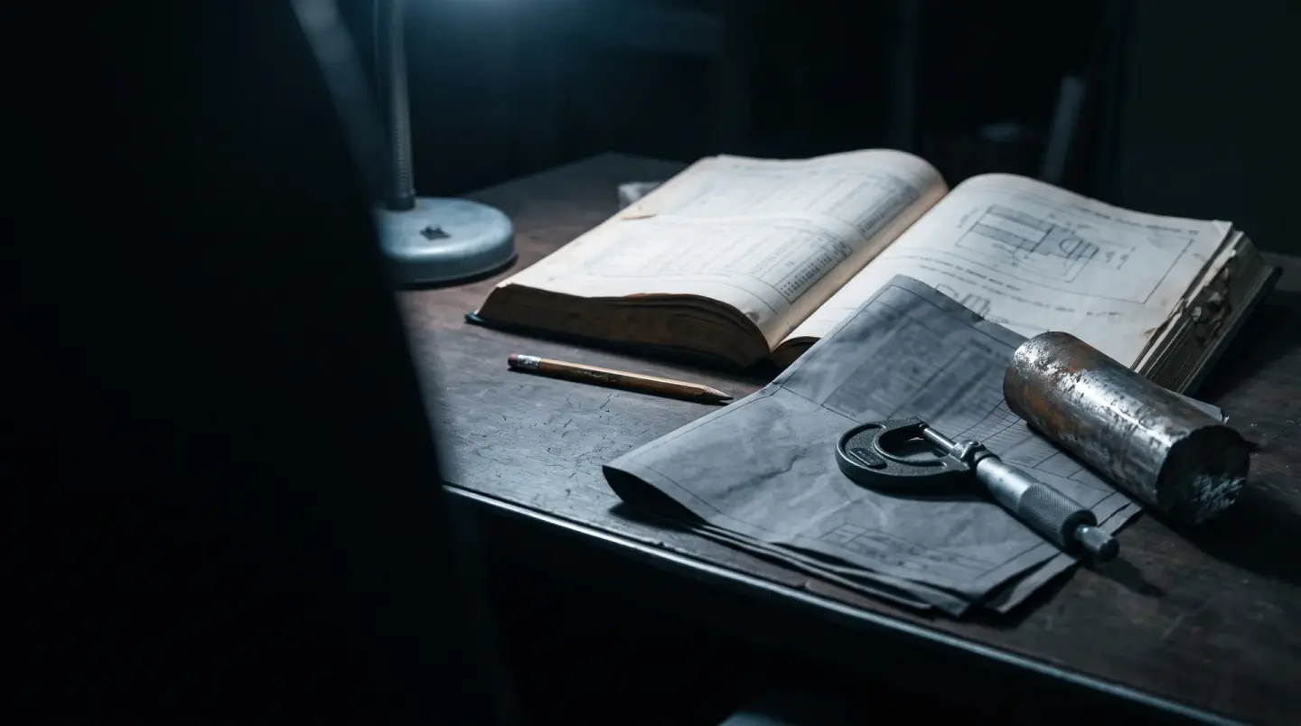 An open technical reference book with material tables, a data sheet, a micrometer and a piece of steel bar on a desk