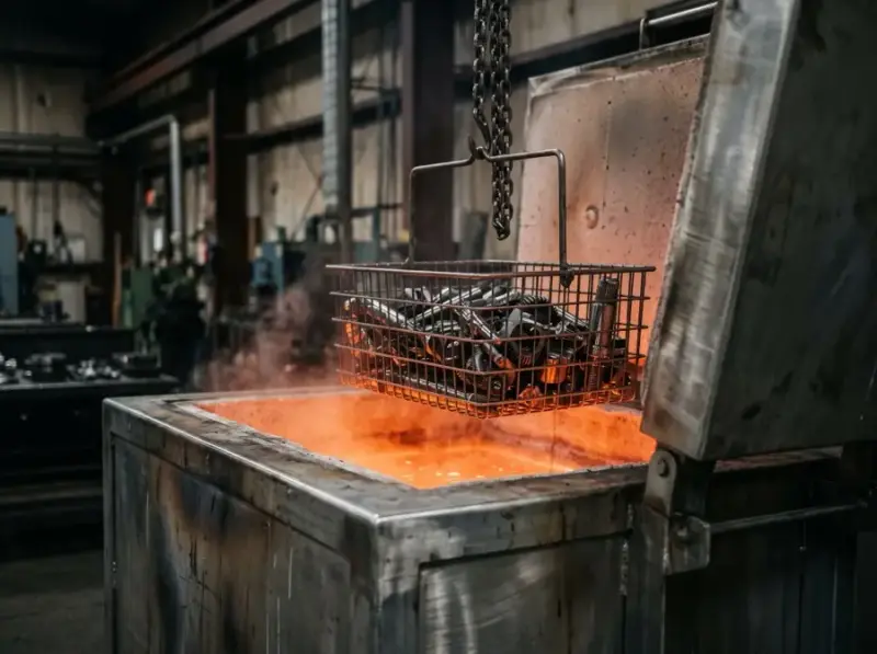 Basket of steel parts being lowered into a salt bath